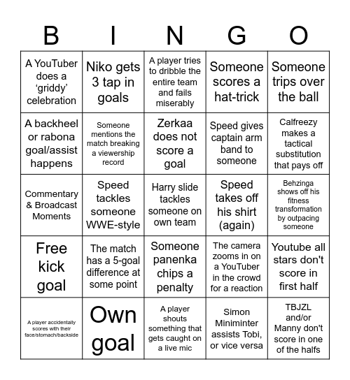 Sidemen Charity Match Bingo Card