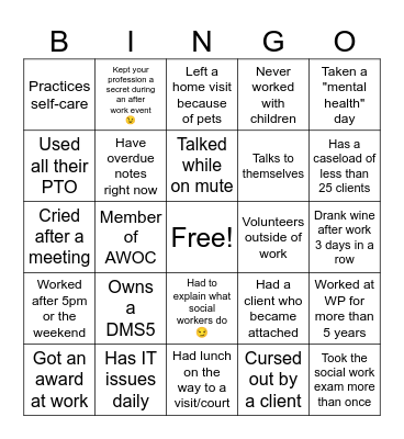 Social Work Bingo Card