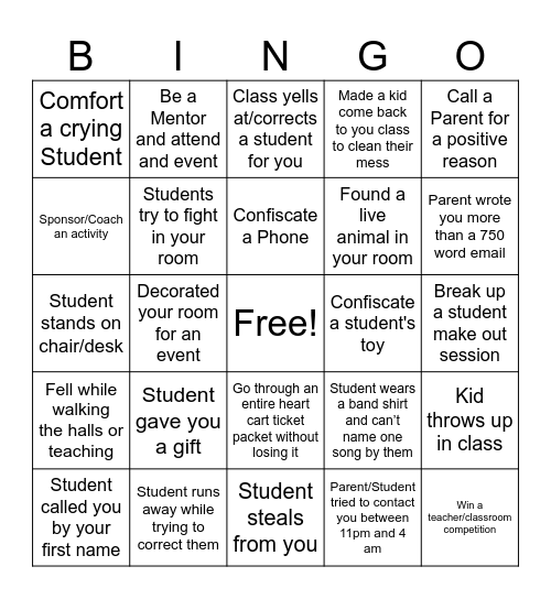 Hilde Mustang Teacher Bingo Card