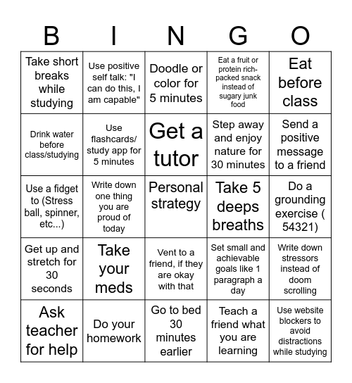 School Stress Reduction Bingo Card