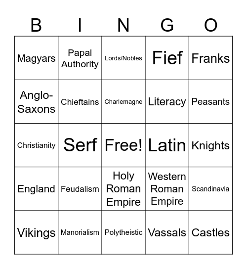 Early Middle Ages Jingo Bingo Card