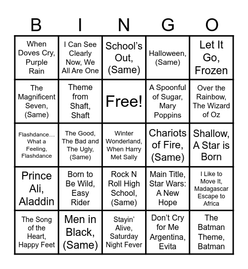 Songs from the Movies Bingo Card