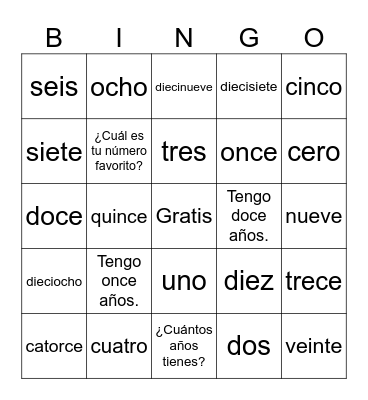 LOS NUMEROS 0-20 Bingo Card
