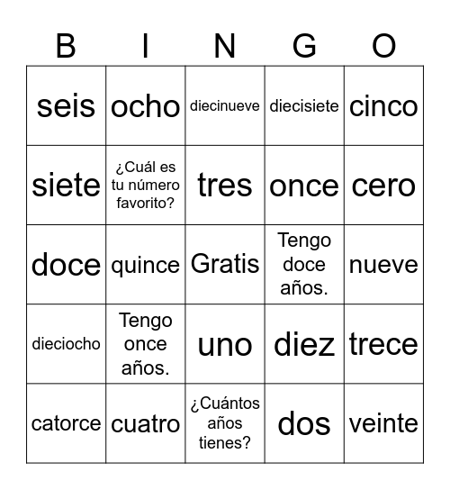 LOS NUMEROS 0-20 Bingo Card