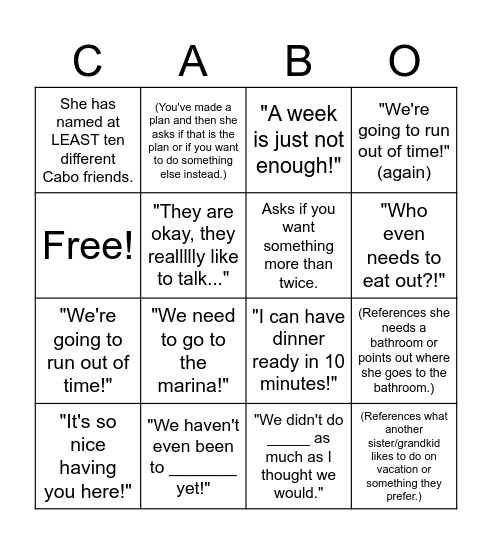 "CABO WITH MOM" BINGO!!! Bingo Card