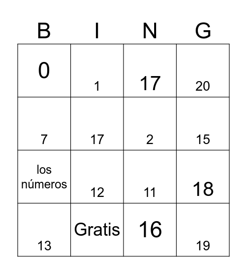 Los números 0-20 Bingo Card
