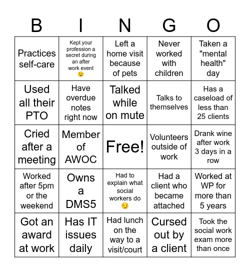 Social Work Bingo Card