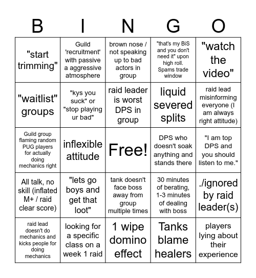 Toxic WoW PUG Raids Bingo Card