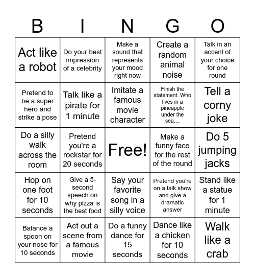 Wacky Bingo Card