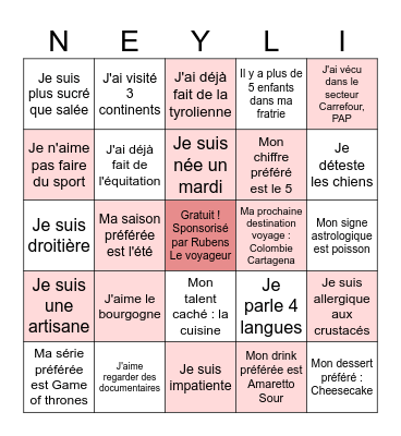 Fun facts about Michelle : Vrai ou Faux Bingo Card