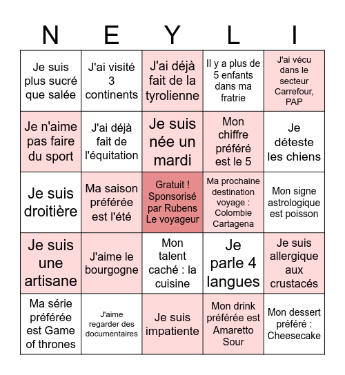 Fun facts about Michelle : Vrai ou Faux Bingo Card