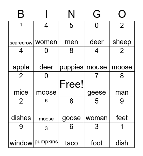 Singular and Plural Noun Bingo Card