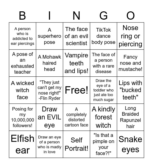 Drawing Faces and Body Poses Bingo Card