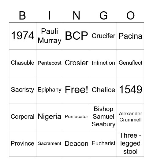Episcopal Church Seasons & Symbols Bingo Card