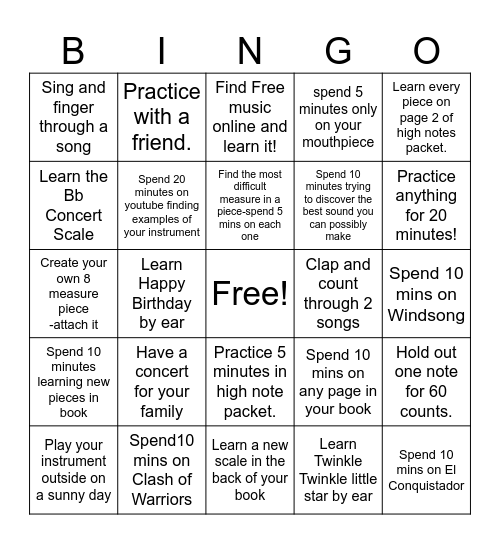 Spring Break- 6 Band (Clarinets) Bingo Card