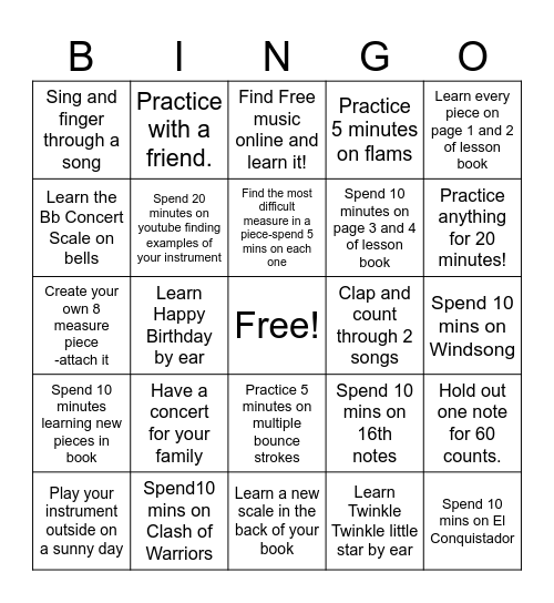 Spring Break- 6 Band (Percussion) Bingo Card