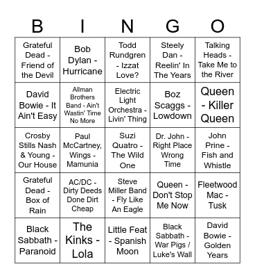 70s Classic Rock Bingo Card