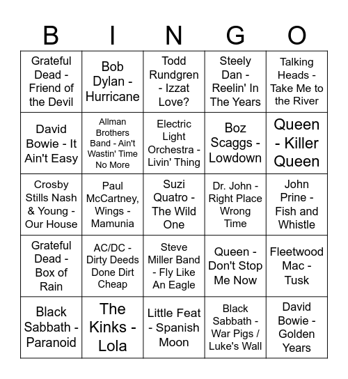 70s Classic Rock Bingo Card
