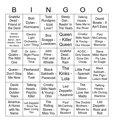 70s Classic Rock Bingo Card
