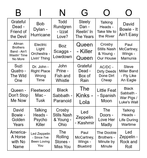 70s Classic Rock Bingo Card