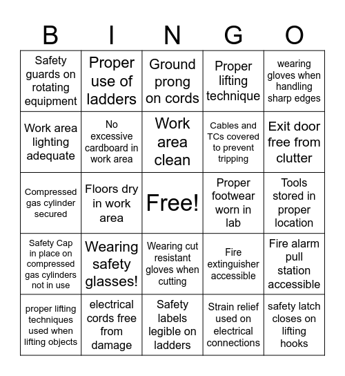 HVAC Safety BINGO Card