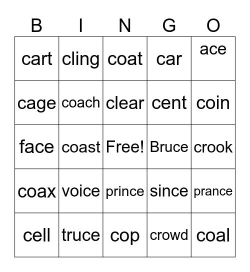 Hard C & Soft C Bingo Card