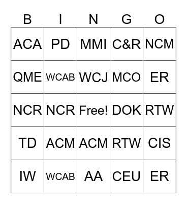 CLAIMS LINGO Bingo Card