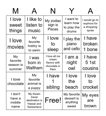Fun facts about Manya Bingo Card
