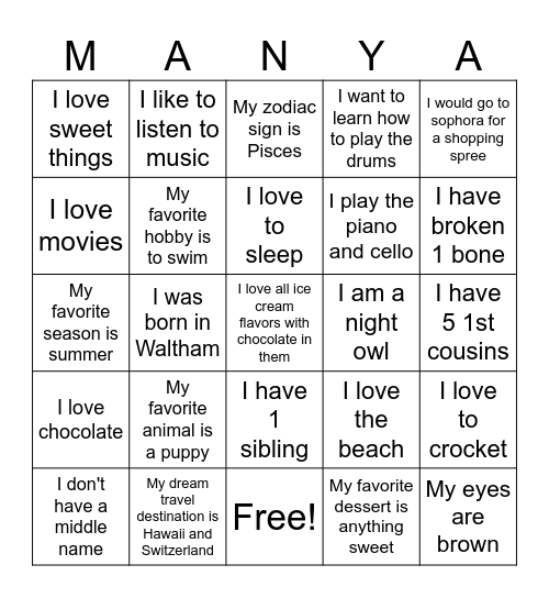 Fun facts about Manya Bingo Card