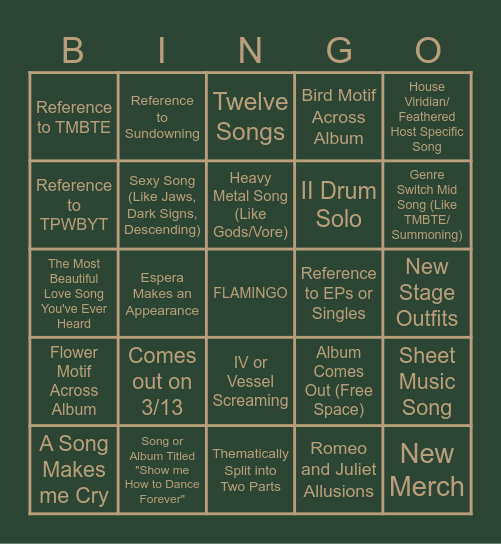 Sleep Token New Offering Bingo Card