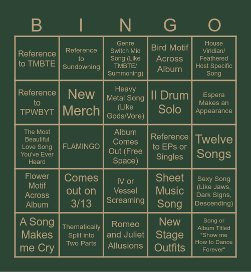 Sleep Token New Offering Bingo Card