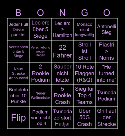 F1 Bongo Til Bingo Card