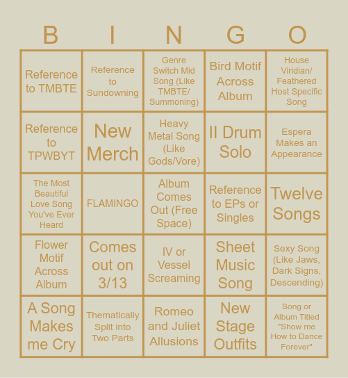 Sleep Token New Offering Bingo Card