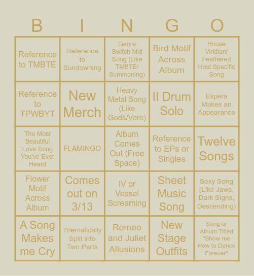 Sleep Token New Offering Bingo Card