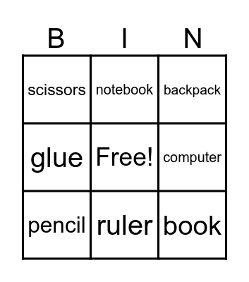 School supplies Bingo Card