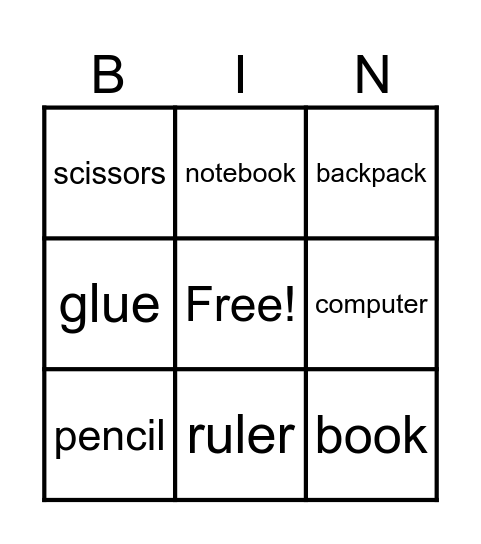 School supplies Bingo Card