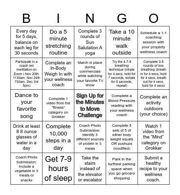 Minutes to Move Bingo Card