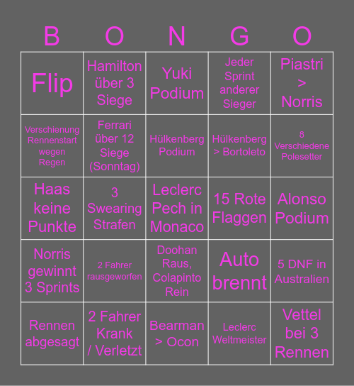 F1 Bongo Baby Bingo Card