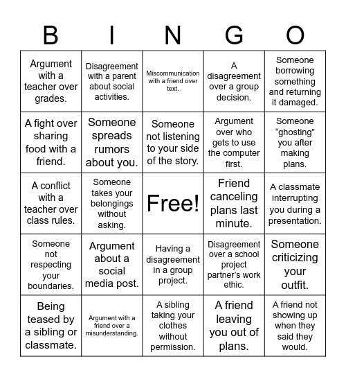 Conflict Bingo Card