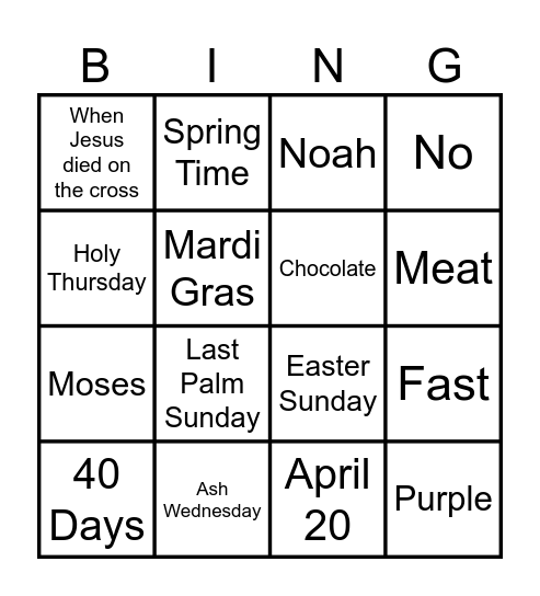 Lent Bingo Card