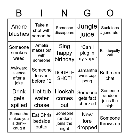 Samantha’s Birthday Bingo Card