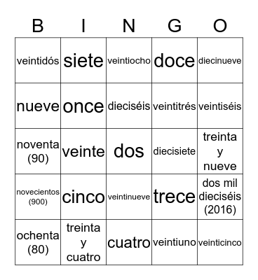 Los Números Bingo Card