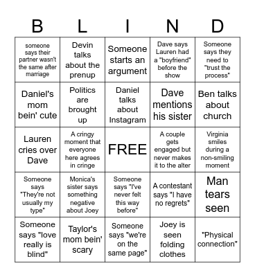 Love is Blind Bingo Card