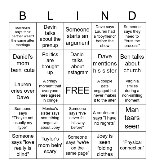 Love is Blind Bingo Card