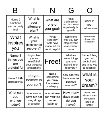 Recovery Bingo! Bingo Card