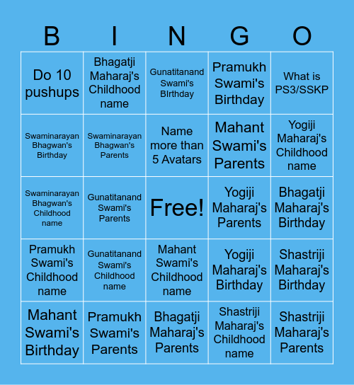 Guru Parampara Bingo Card