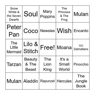 Disney Music Bingo Card
