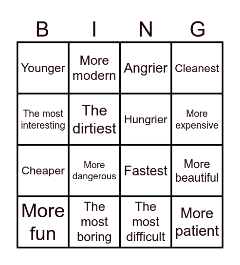 Comparative/Superlative Bingo Card