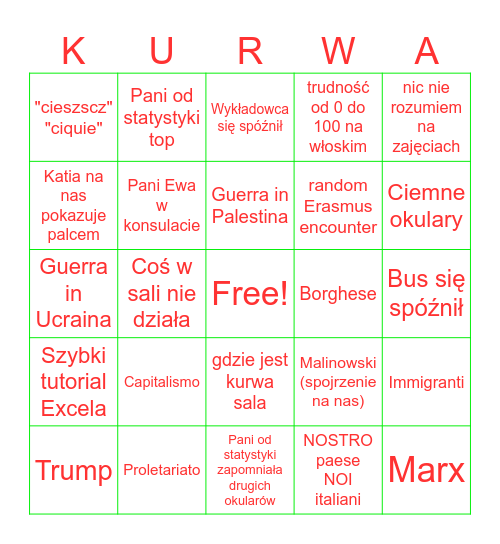 UNISA Erasmus Bingo Card