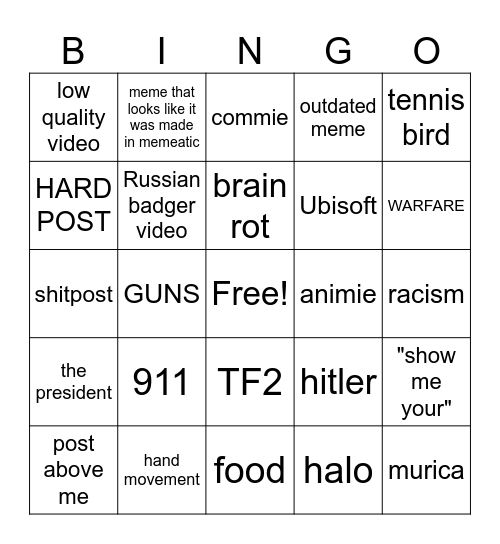 Russian badger subreddit bingo Card